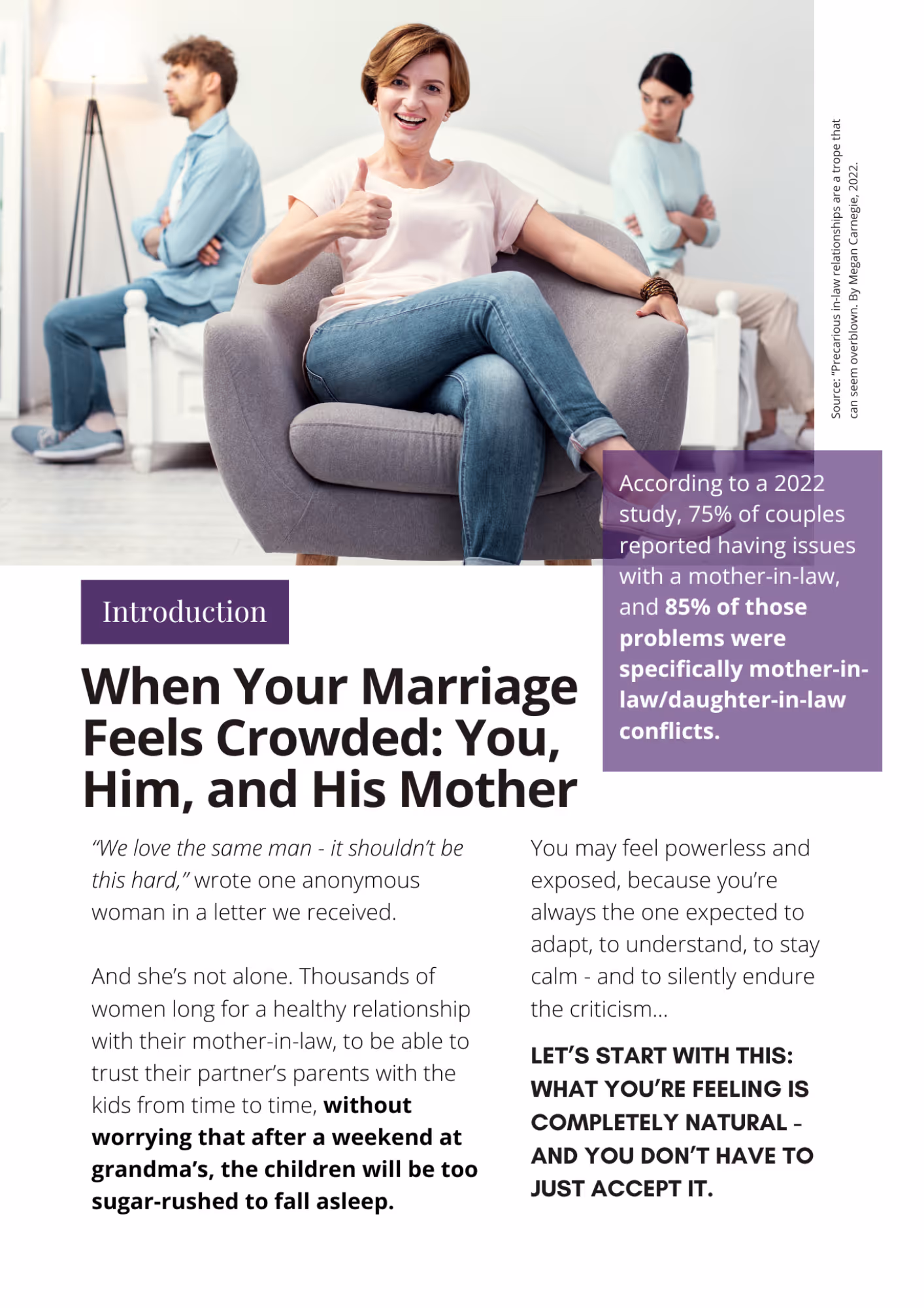 A middle-aged woman smiling and giving a thumbs up while sitting in a chair, with a younger man and woman sitting separately in the background looking upset.